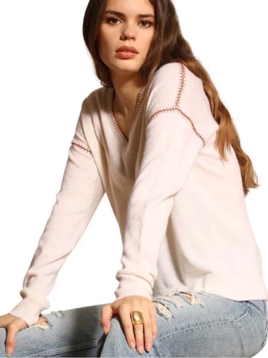 Sweaters - Minnie Rose Women's Cream V-Neck Sweater with Contrast Stitching